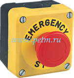 P1EC400E40-K, Пост чёрно-жёлтый с аварийной кнопкой В200Е  и шильдиком "EMERGENCY STOP" (1НЗ)